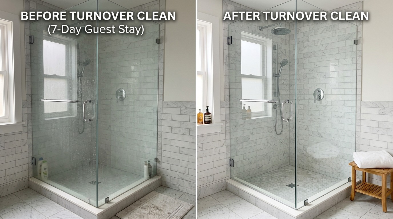 Before and after turnover clean: Bathroom & Hard-Water Cleaners