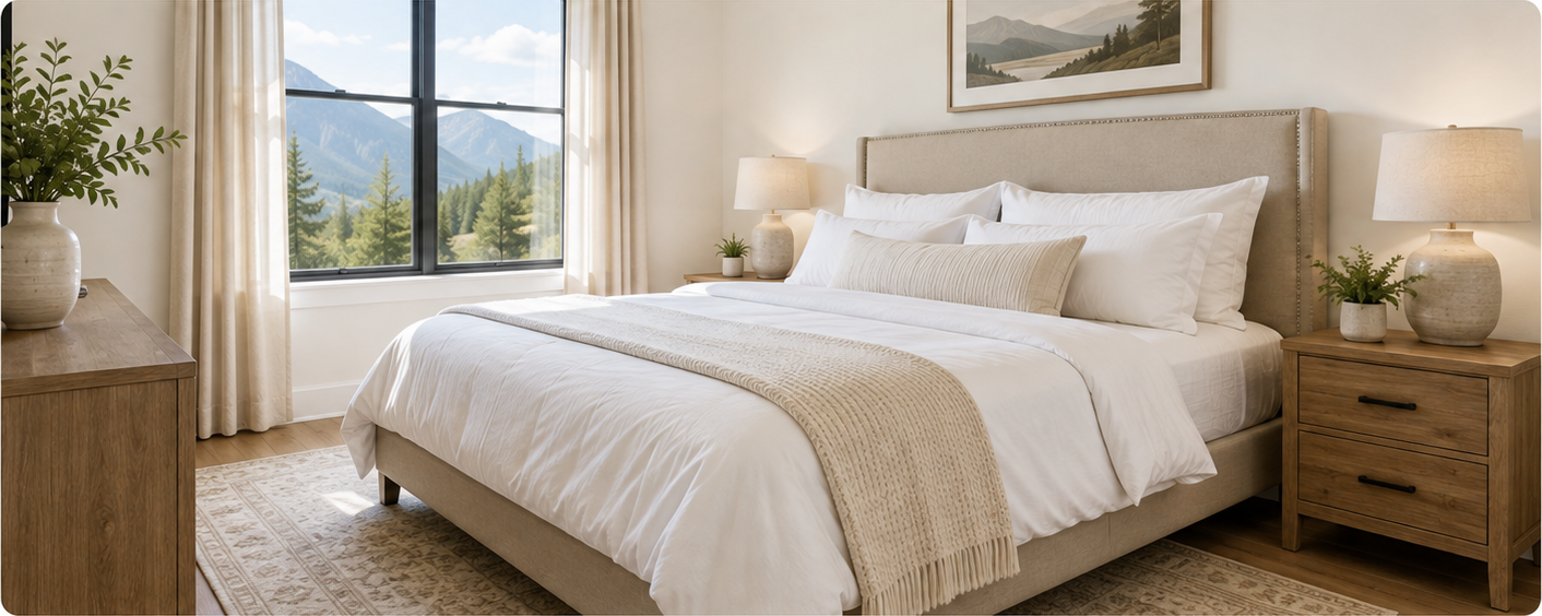 A bright, freshly prepared primary bedroom with crisp white linens, bedside lighting, and a mountain view
